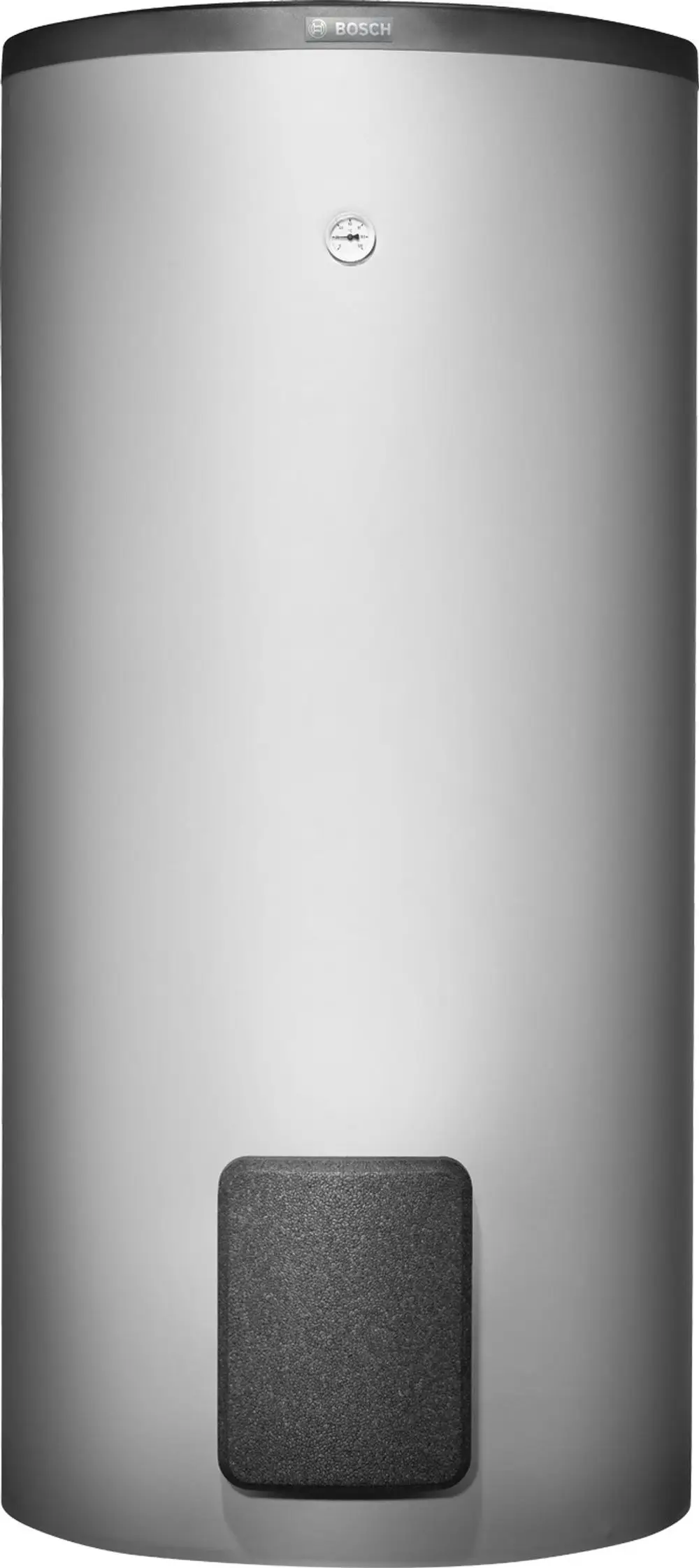 Silberner, zylindrischer Wärmespeicher von Bosch mit einem Temperatursensor und einem Bedienfeld an der Vorderseite.